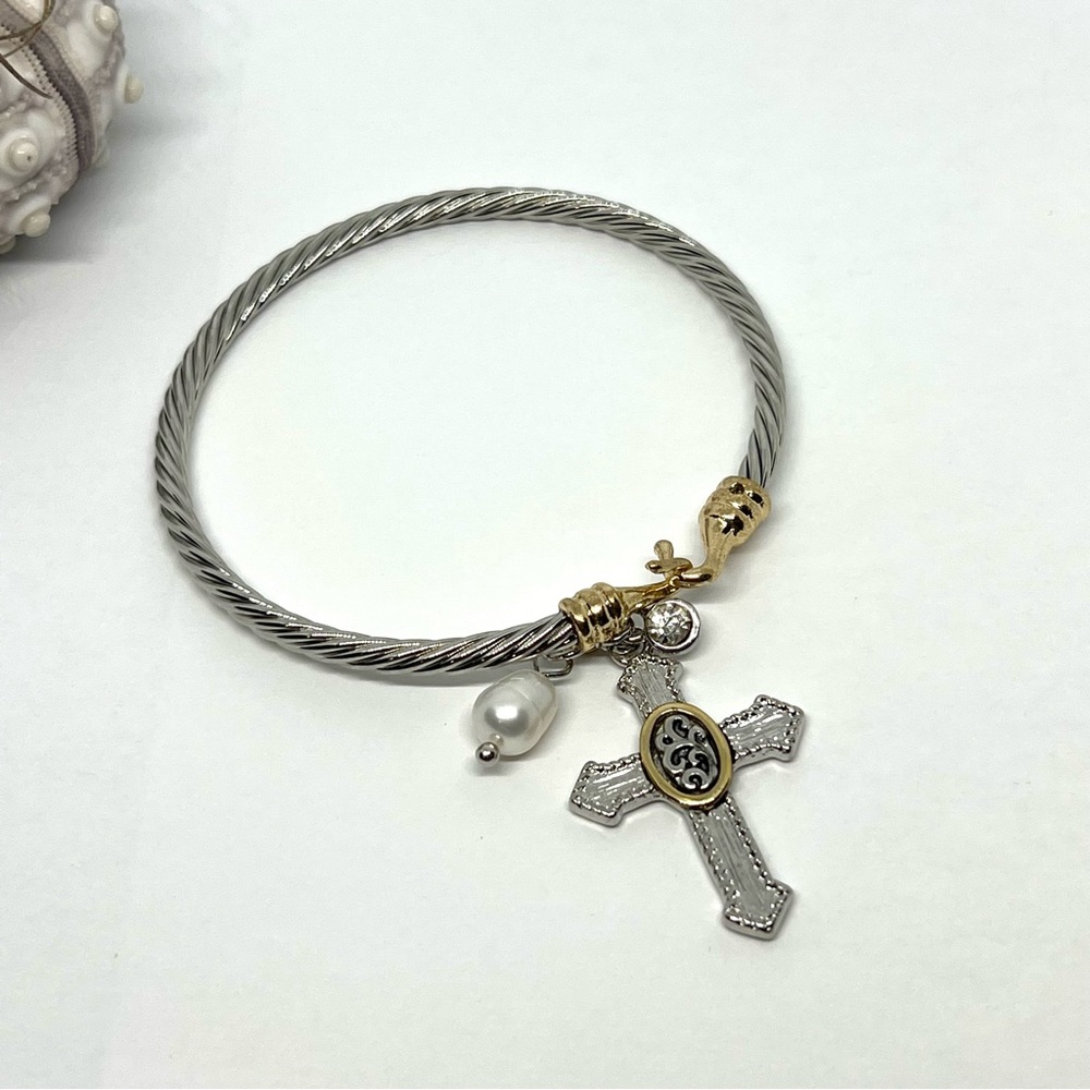 Rosary Silver Rope Twist Charm Bracelet With Real Pearl!